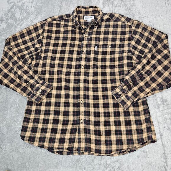 Carhartt Shirt Mens Large Navy Tan Gold Plaid Flannel Button Up Workwear - Picture 1 of 8